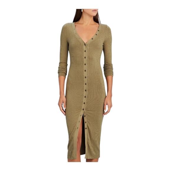 The Range Henley Rib Knit Long Sleeve Midi Dress Hazel Green M - Picture 1 of 10